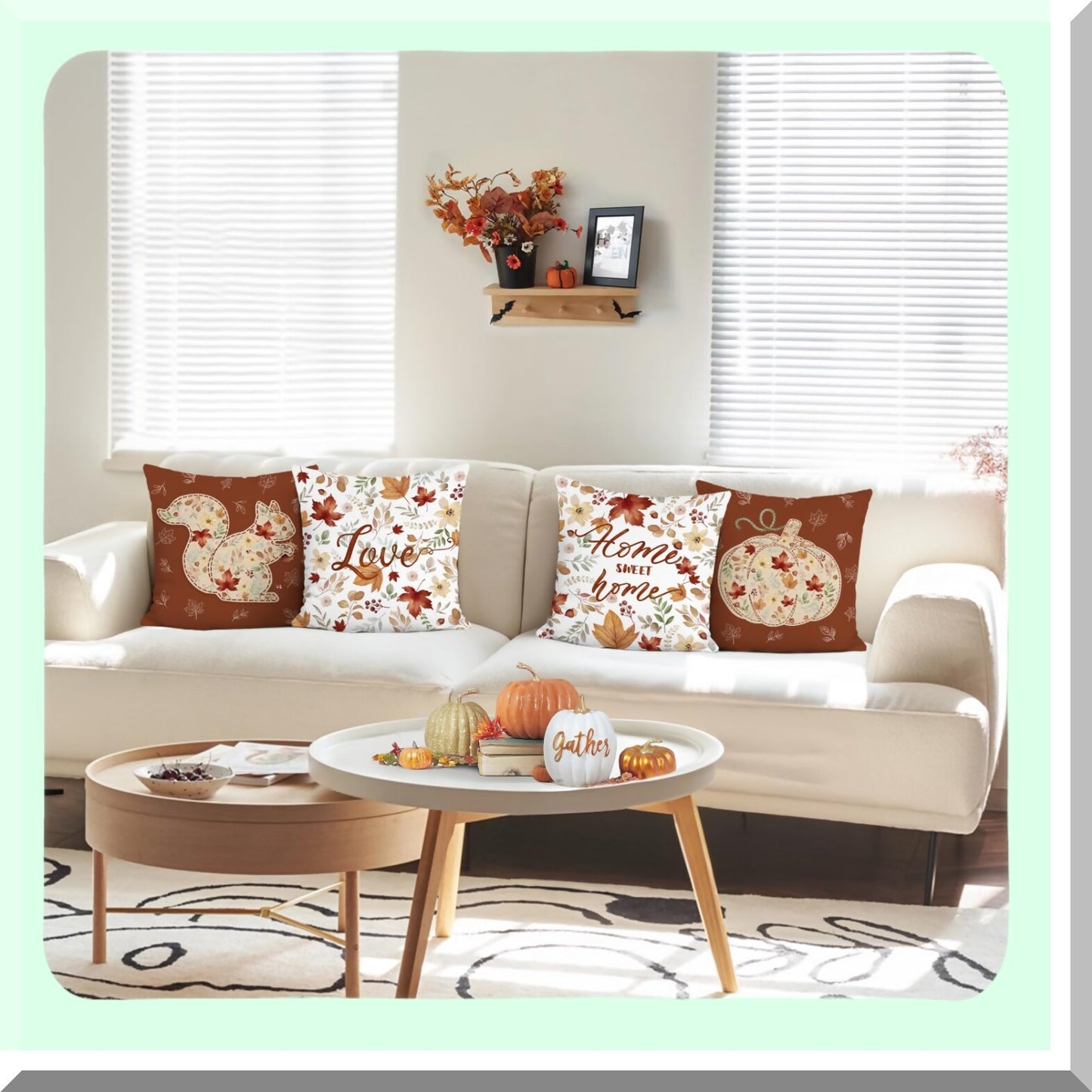 Autumn Bliss Pillow Covers - Set of 4 18x18 Inch Velvet Cushion Cases with Leaves, Squirrel, and Pumpkin Decorations for Couch and Sofa Home Decor