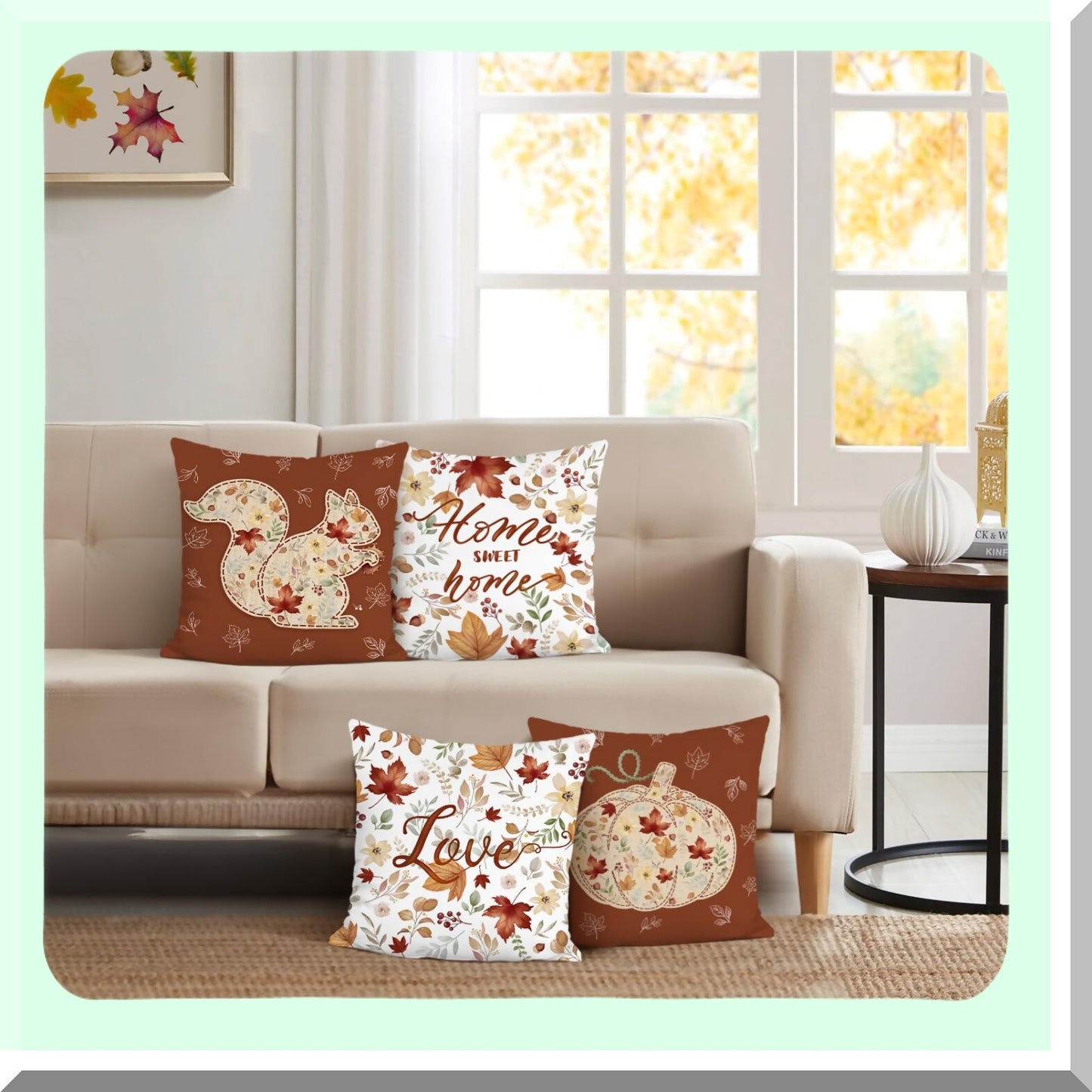 Autumn Bliss Pillow Covers - Set of 4 18x18 Inch Velvet Cushion Cases with Leaves, Squirrel, and Pumpkin Decorations for Couch and Sofa Home Decor