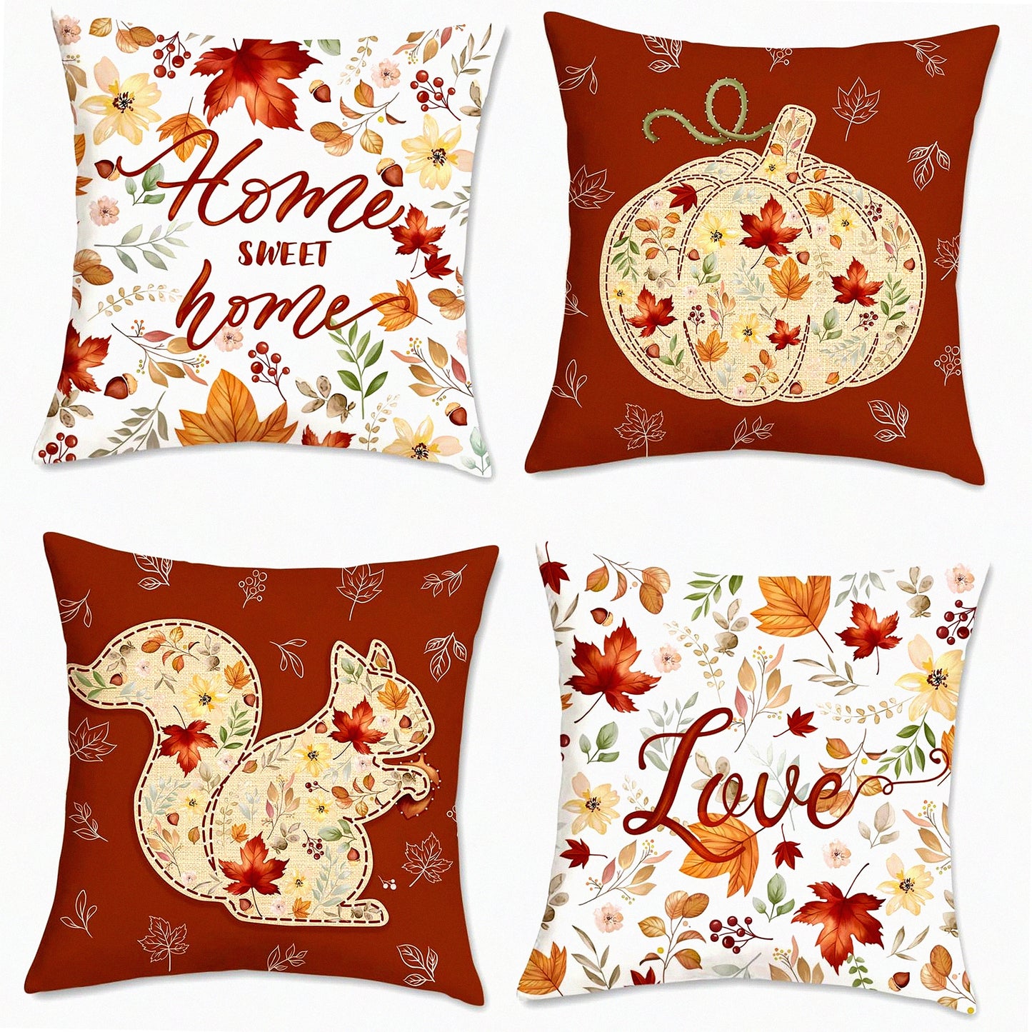 Autumn Bliss Pillow Covers - Set of 4 18x18 Inch Velvet Cushion Cases with Leaves, Squirrel, and Pumpkin Decorations for Couch and Sofa Home Decor