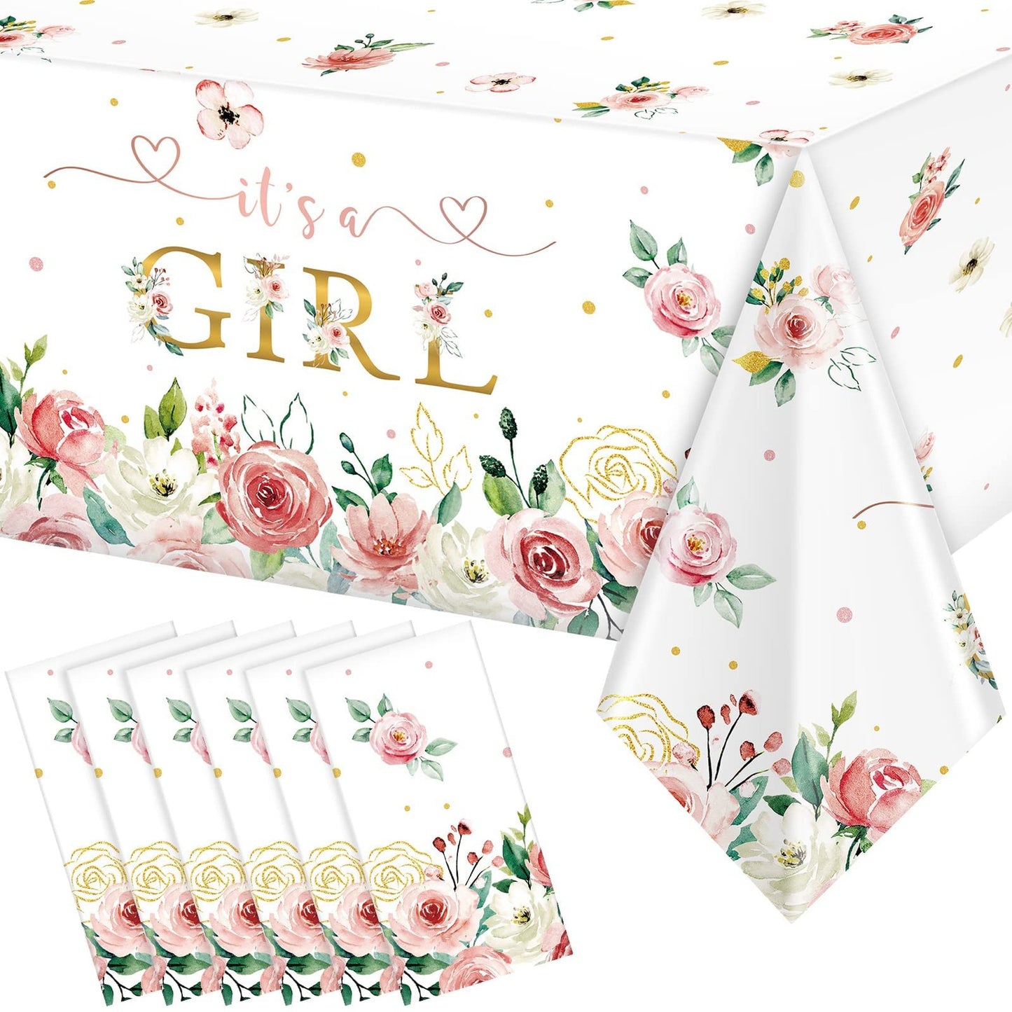 Floral Baby Shower Table Cover Set - It's a Girl Party Supplies for Girls Birthday, Decorative Flowers Tablecloths Pack for Kids Shower Event