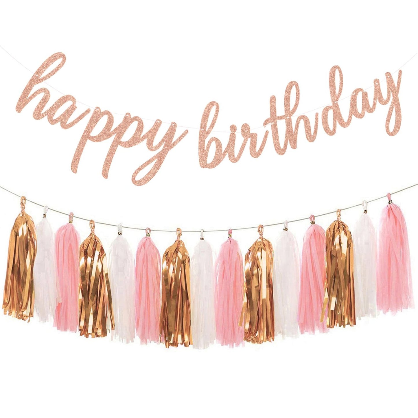 Rose Gold Birthday Decorations with Glitter Banner and Tissue Garland