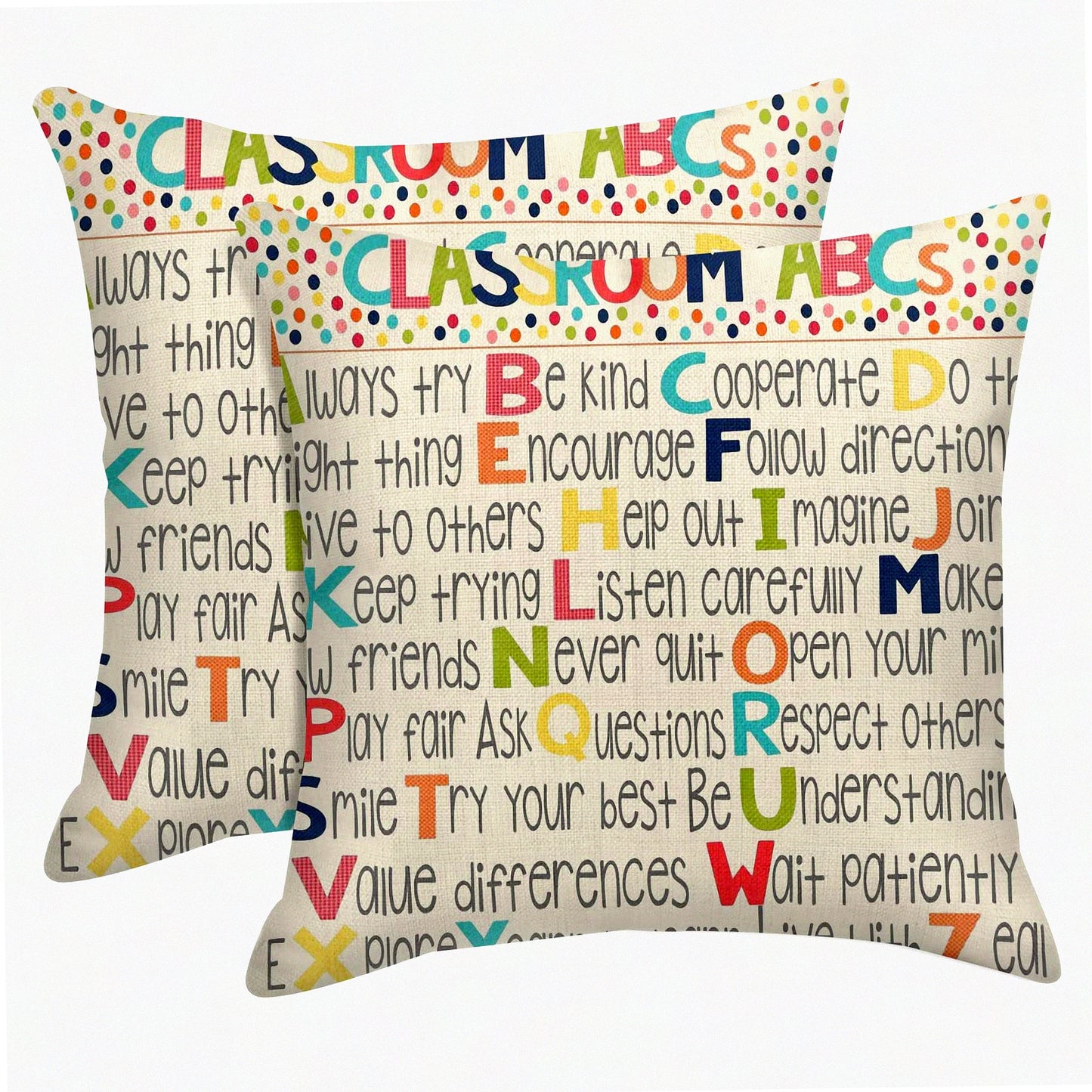 ABCs Linen Throw Pillow Cover Set - Educational Decorative Pillow Cases for Home Decor - Square 18 x 18 Inches Pillowcases (Pack of 2)