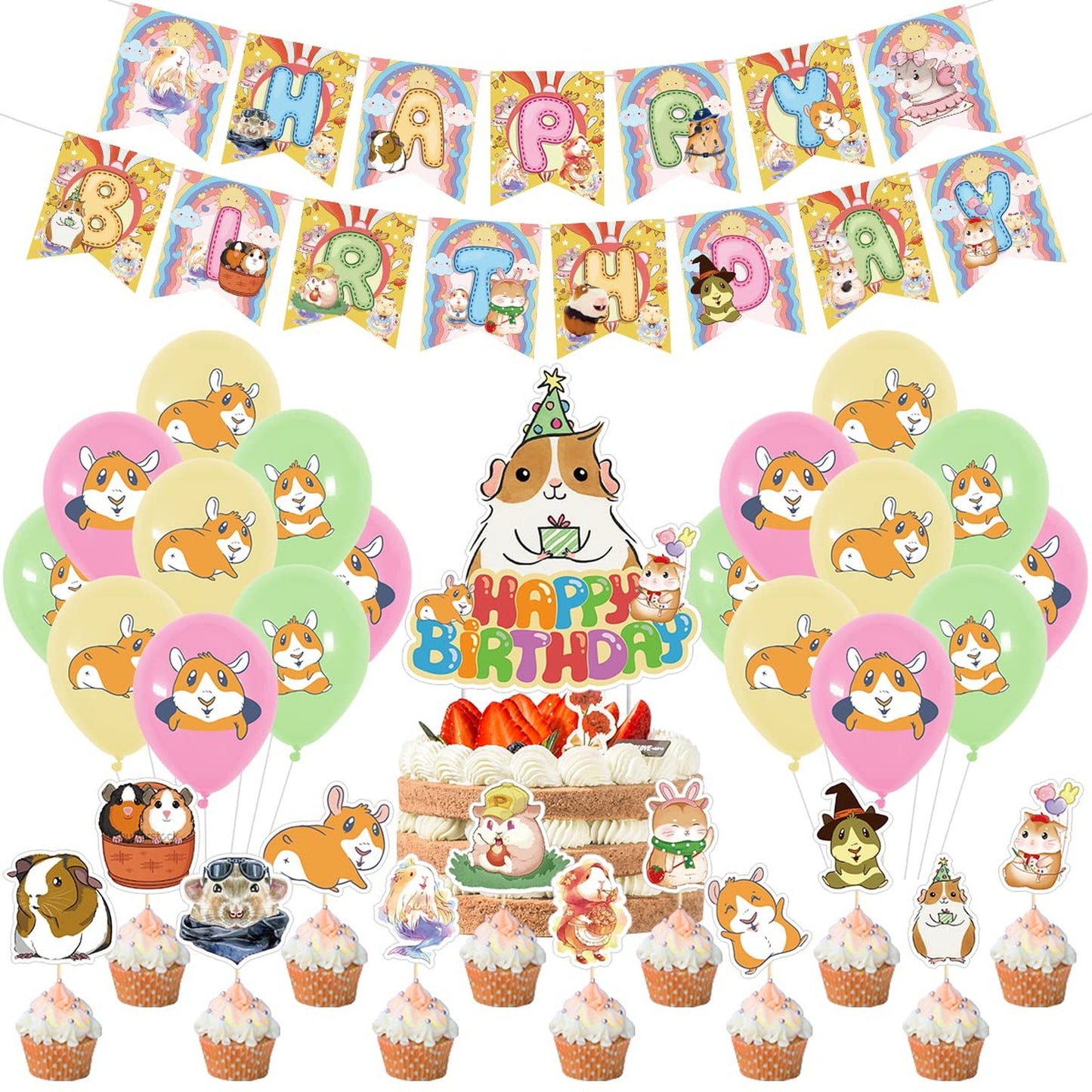 Guinea Pig Party Pack - Birthday Decorations Kit for Kids, Includes Balloons, Banners, and Cupcake Toppers - Hamster Theme Supplies for Children's Parties