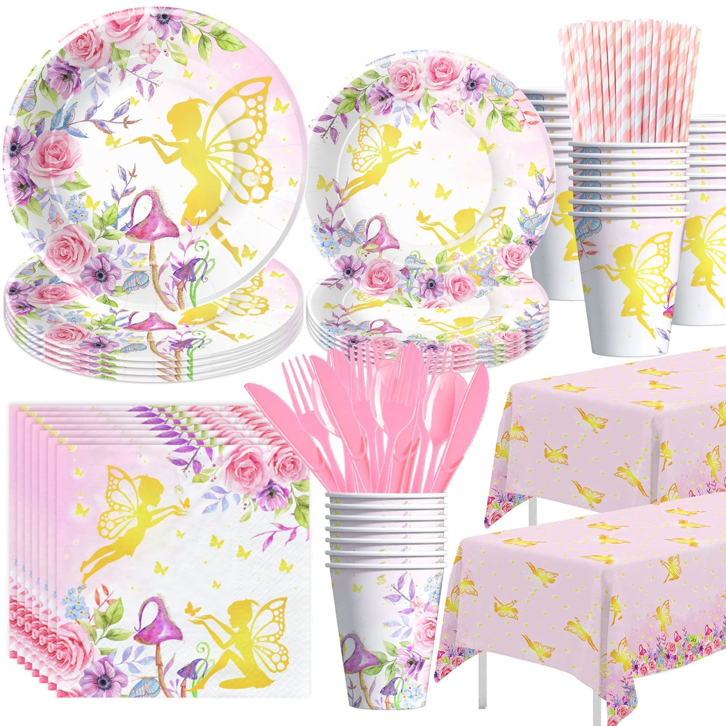 Enchanted Garden Party Pack - Fairy Birthday Decor Set for 24 Guests - Floral Gold Theme Tableware Kit with Plates, Cups, Napkins, and Cutlery