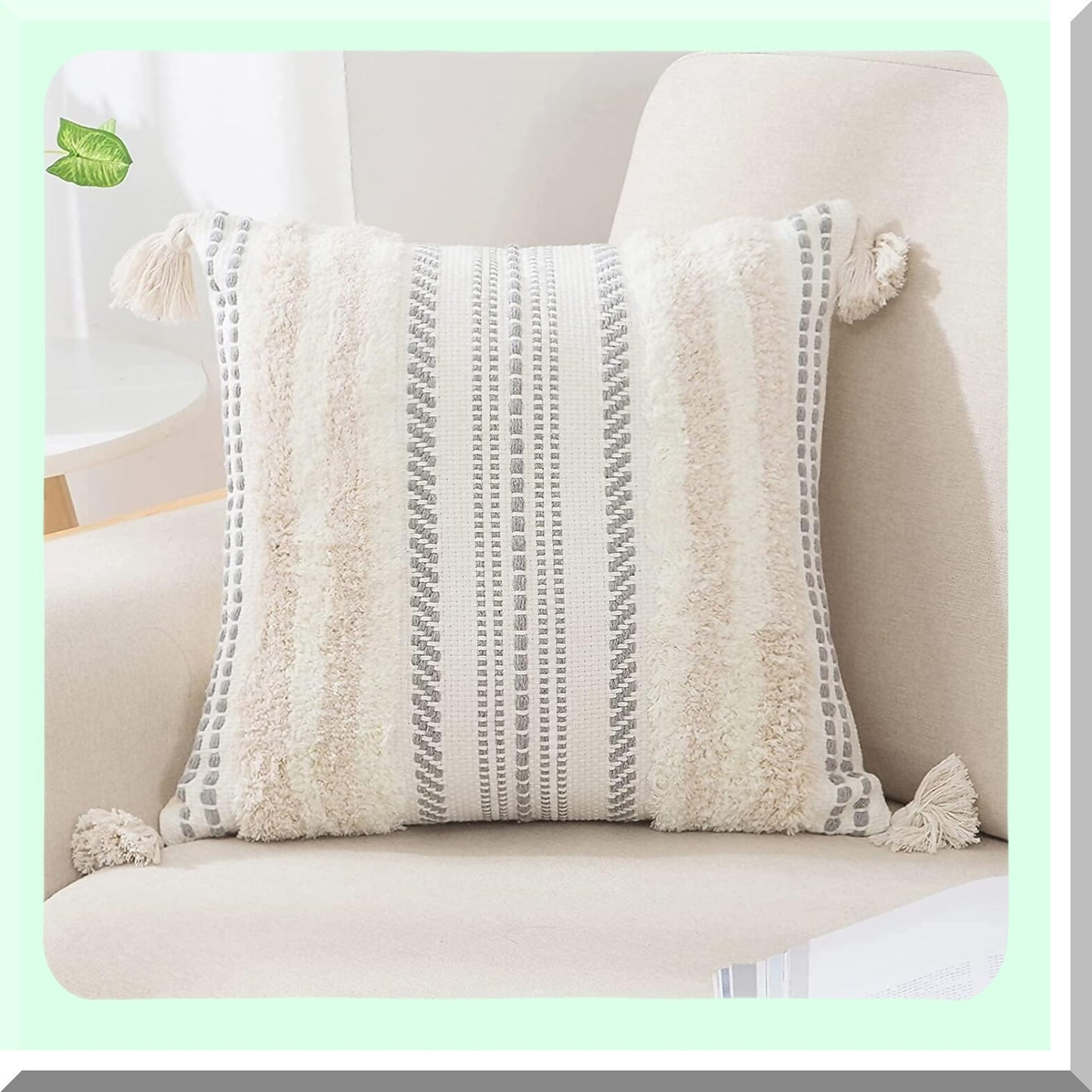 Boho Chic Textured Stripe Pillow Cover - Neutral Tufted Accent Cushion Case for Couch Bed Sofa - Beige Cream White Decorative Throw Pillow 18x18