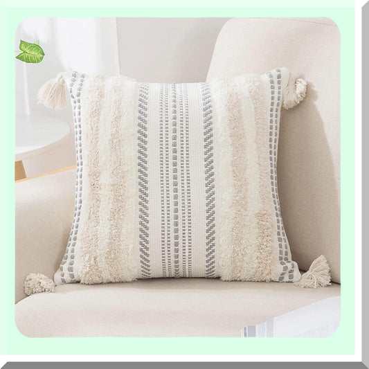 Boho Chic Textured Stripe Pillow Cover - Neutral Tufted Accent Cushion Case for Couch Bed Sofa - Beige Cream White Decorative Throw Pillow 18x18