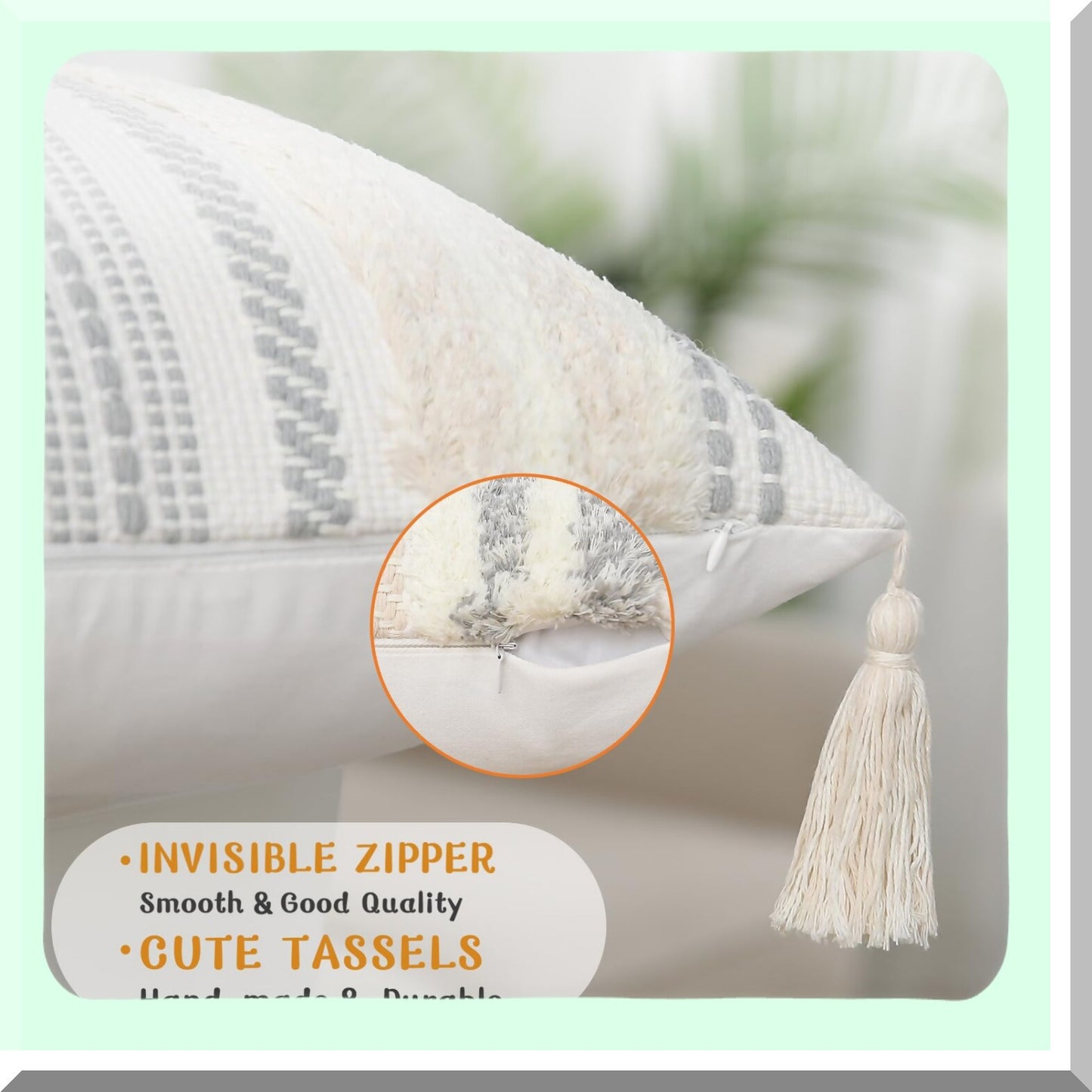 Boho Chic Textured Stripe Pillow Cover - Neutral Tufted Accent Cushion Case for Couch Bed Sofa - Beige Cream White Decorative Throw Pillow 18x18