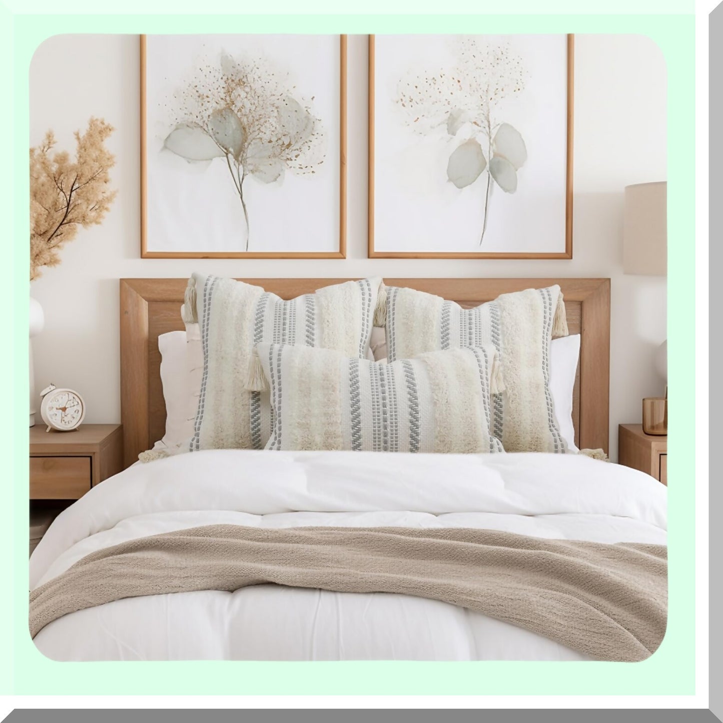 Boho Chic Textured Stripe Pillow Cover - Neutral Tufted Accent Cushion Case for Couch Bed Sofa - Beige Cream White Decorative Throw Pillow 18x18