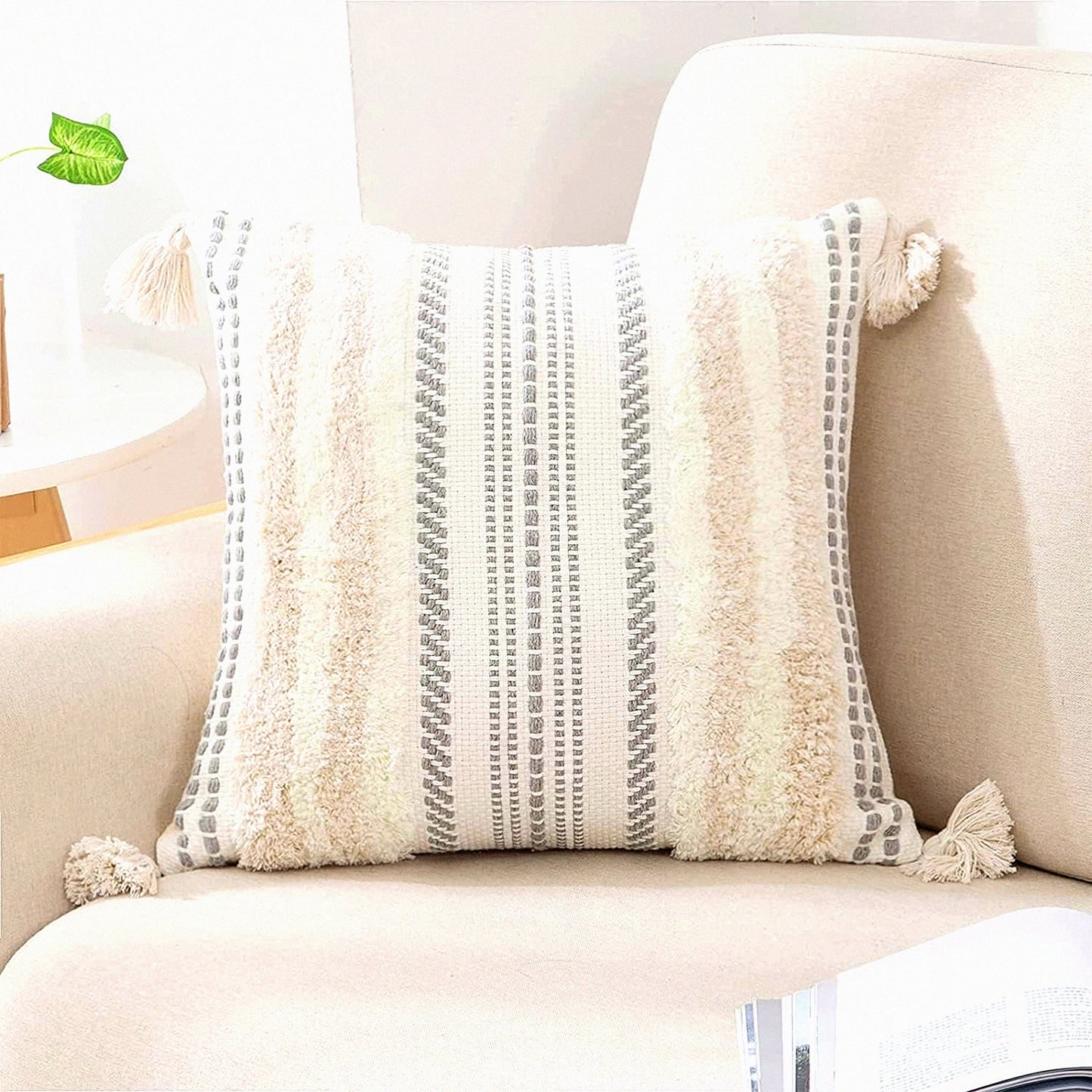 Boho Chic Textured Stripe Pillow Cover - Neutral Tufted Accent Cushion Case for Couch Bed Sofa - Beige Cream White Decorative Throw Pillow 18x18