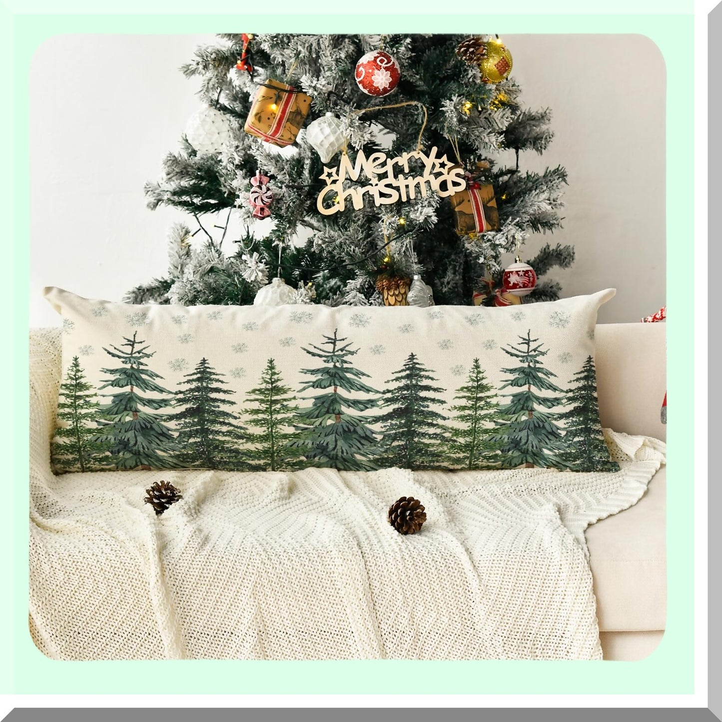 Winter Wonderland Snowflake Lumbar Pillow Cover - 14x36 Inch Extra Long Body Pillow Case for Bed, Sofa, Bench - Holiday Decor Accent