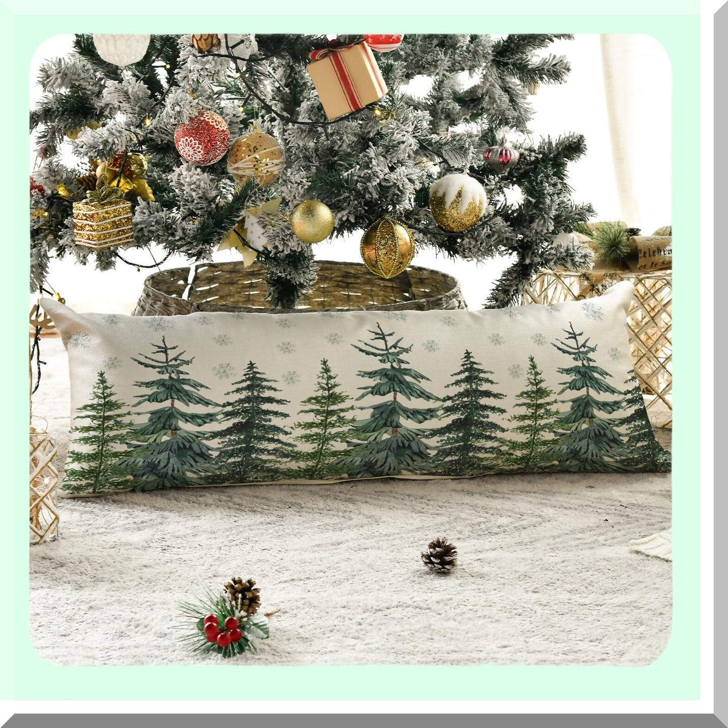 Winter Wonderland Snowflake Lumbar Pillow Cover - 14x36 Inch Extra Long Body Pillow Case for Bed, Sofa, Bench - Holiday Decor Accent