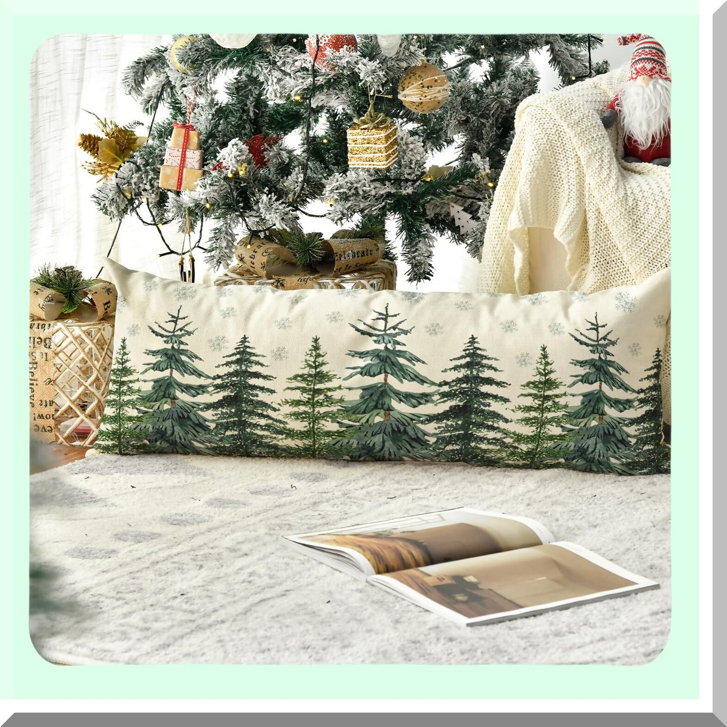 Winter Wonderland Snowflake Lumbar Pillow Cover - 14x36 Inch Extra Long Body Pillow Case for Bed, Sofa, Bench - Holiday Decor Accent