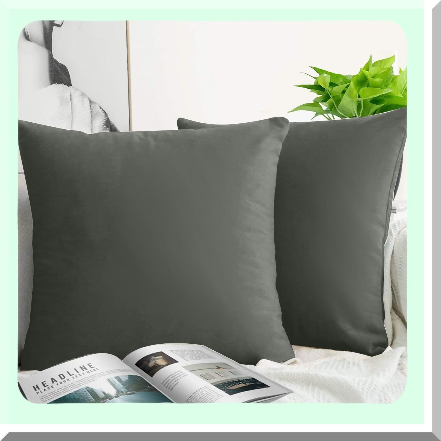 UltraSoft Velvet Dark Grey Throw Pillow Covers - 2 Pack 18x18 Inch Decorative Pillowcases for Couch, Chair, Sofa, Bedroom, Car - Solid Color Square Design
