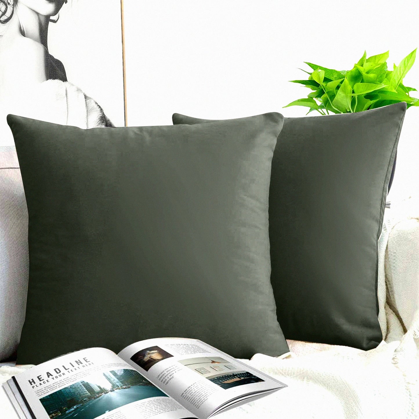 UltraSoft Velvet Dark Grey Throw Pillow Covers - 2 Pack 18x18 Inch Decorative Pillowcases for Couch, Chair, Sofa, Bedroom, Car - Solid Color Square Design