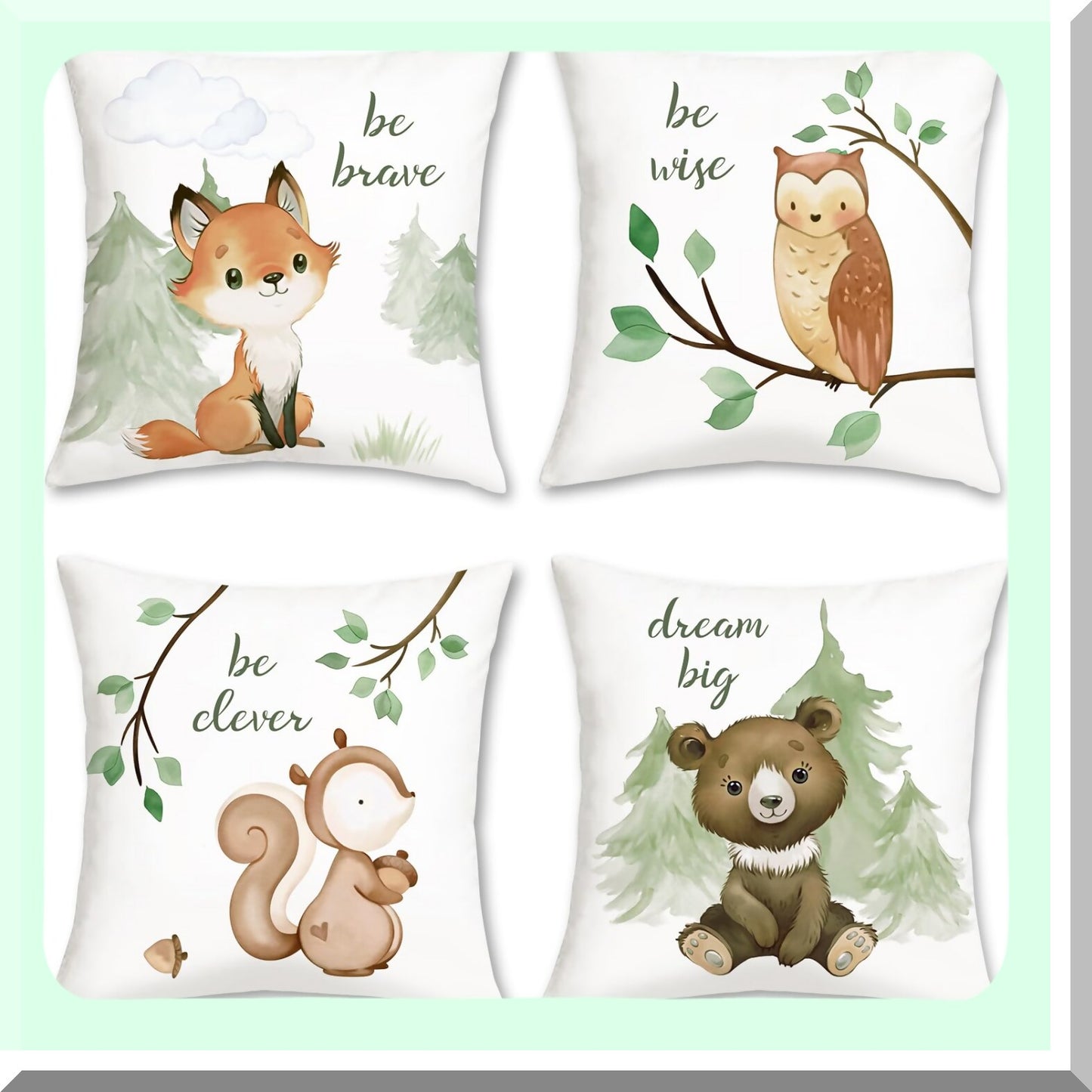 Woodland Creatures Pillowcase Set - Fox Bear Squirrel Owl Decorative Cushion Covers for Kids Room, School, Sofa - 18x18 Inch, Pack of 4