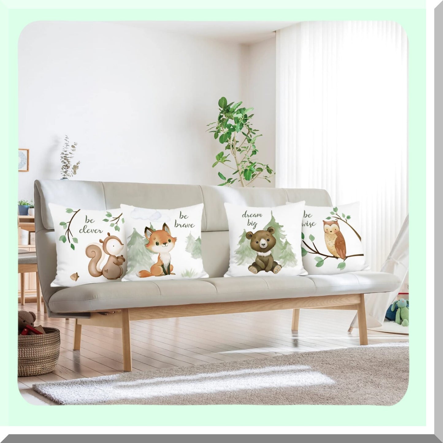 Woodland Creatures Pillowcase Set - Fox Bear Squirrel Owl Decorative Cushion Covers for Kids Room, School, Sofa - 18x18 Inch, Pack of 4