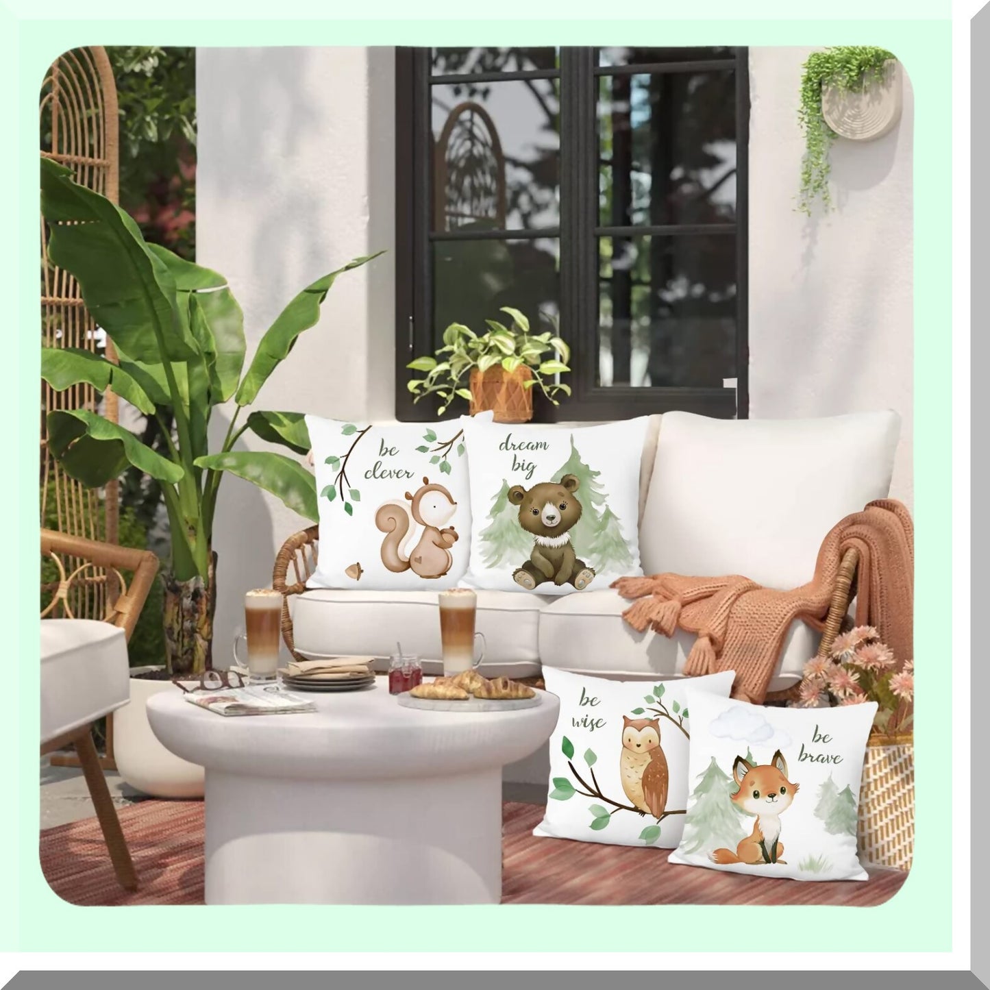 Woodland Creatures Pillowcase Set - Fox Bear Squirrel Owl Decorative Cushion Covers for Kids Room, School, Sofa - 18x18 Inch, Pack of 4