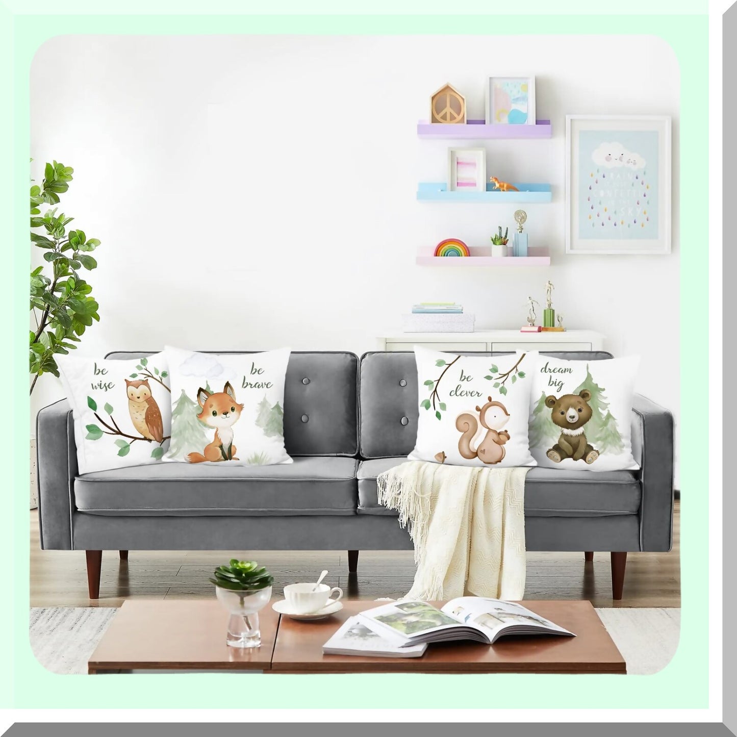 Woodland Creatures Pillowcase Set - Fox Bear Squirrel Owl Decorative Cushion Covers for Kids Room, School, Sofa - 18x18 Inch, Pack of 4