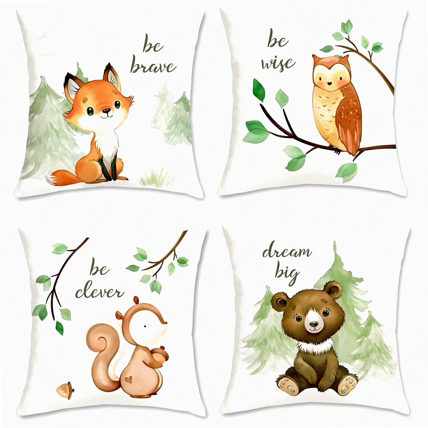 Woodland Creatures Pillowcase Set - Fox Bear Squirrel Owl Decorative Cushion Covers for Kids Room, School, Sofa - 18x18 Inch, Pack of 4