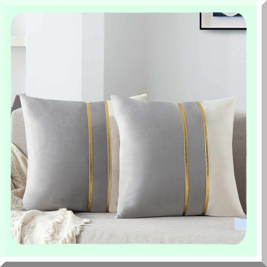 Luxury Velvet Gold Leather Decorative Pillow Covers - Soft Cushion Cases for Sofa, Bedroom, Living Room, Car - 18x18 Grey White