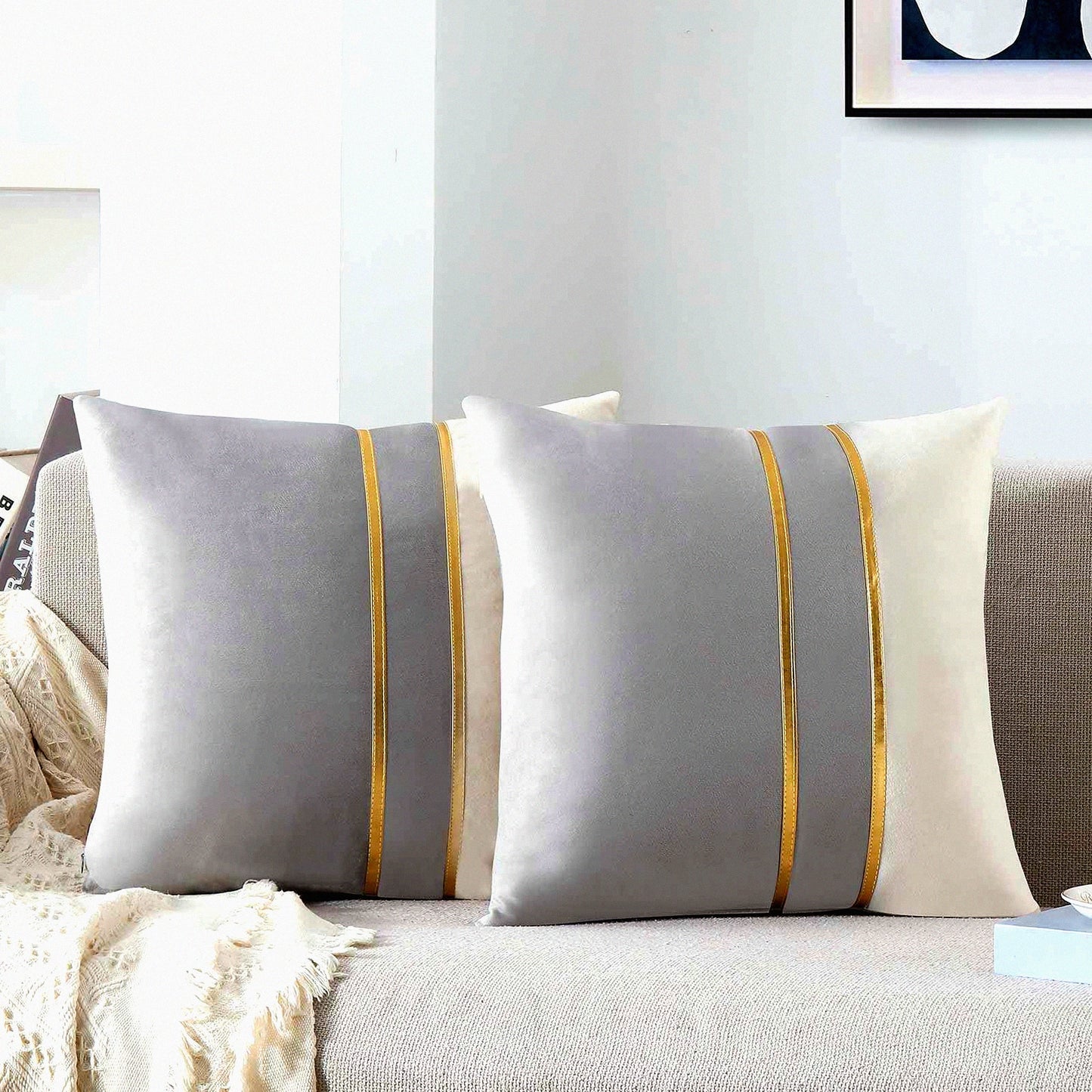 Luxury Velvet Gold Leather Decorative Pillow Covers - Soft Cushion Cases for Sofa, Bedroom, Living Room, Car - 18x18 Grey White