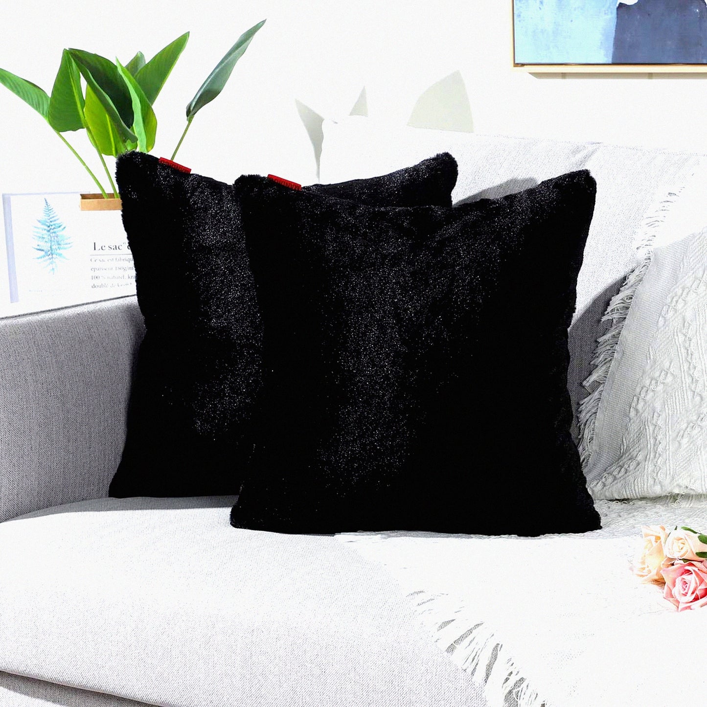 FuzzySoft Black Pillowcase Set - Cozy Decorative Cushion Covers for Sofa, Bedroom, Car - Pack of 2 - 26x26 Inches - Throw Pillow Cover