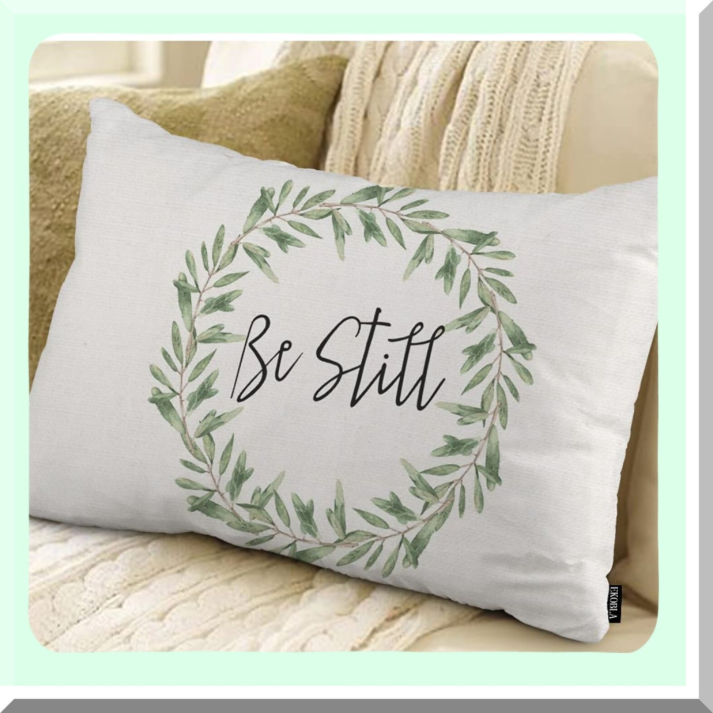 Olive Wreath Rustic Be Still Pillow Covers - Square Throw Waist Cushion Cases for Sofa & Bedroom - Green Leaves Design - 12x20 Inches - Living Room Decor