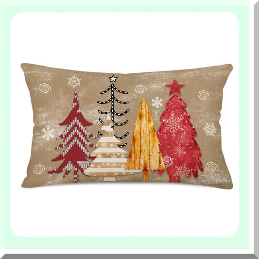 Winter Wonderland Lumbar Pillow Cover - Farmhouse Decorative Tree Snowflake Cushion Case for Sofa Couch. Red & Golden 12x20 Inch Home Decor.