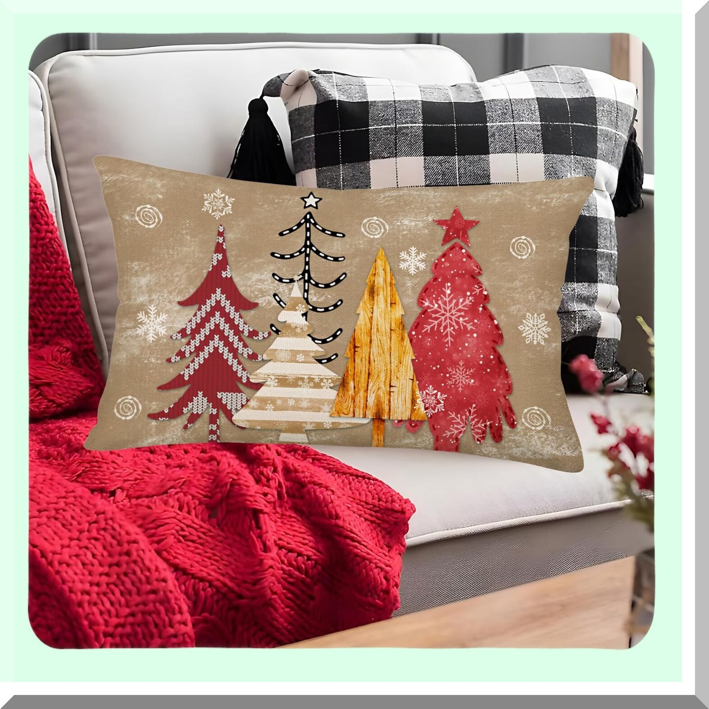 Winter Wonderland Lumbar Pillow Cover - Farmhouse Decorative Tree Snowflake Cushion Case for Sofa Couch. Red & Golden 12x20 Inch Home Decor.