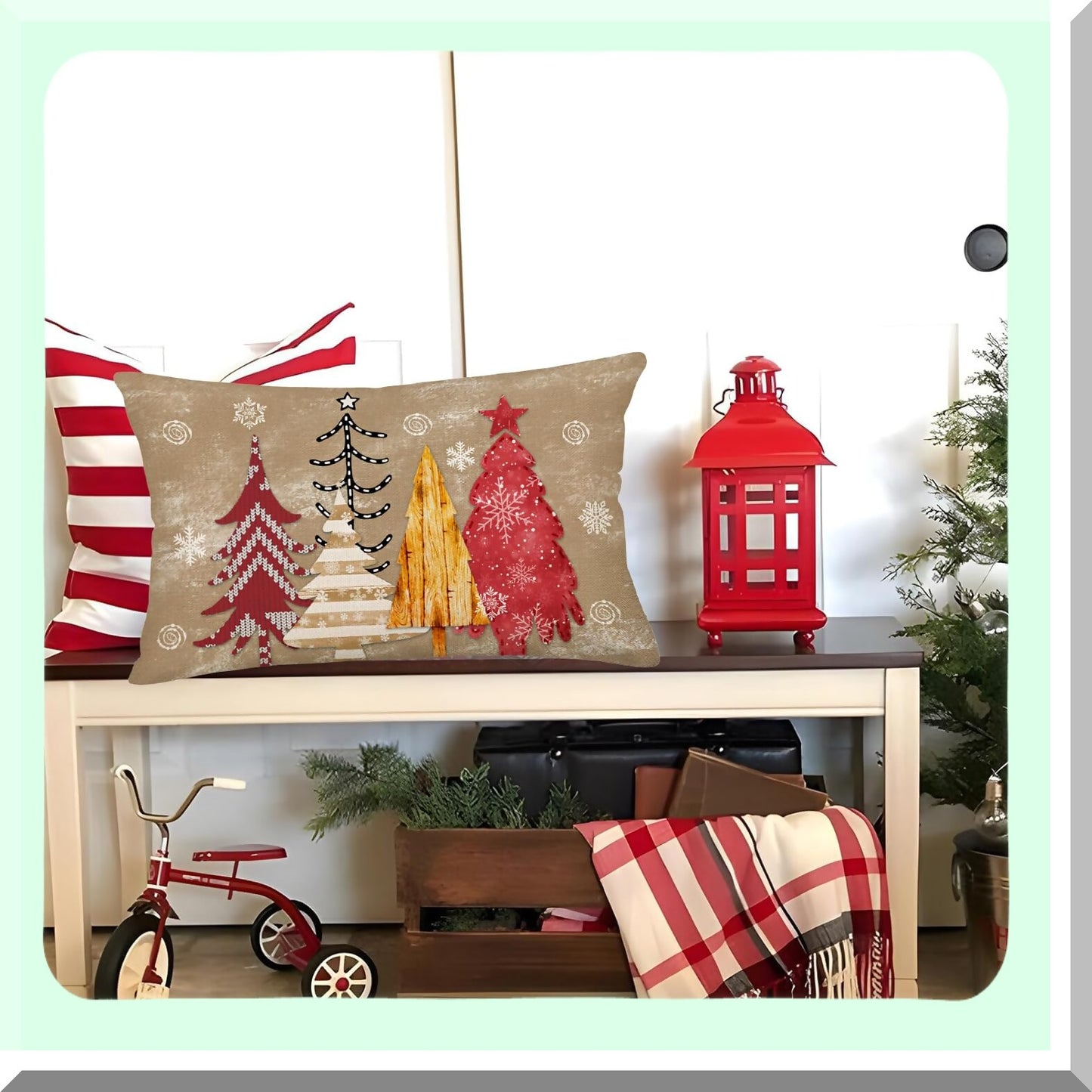 Winter Wonderland Lumbar Pillow Cover - Farmhouse Decorative Tree Snowflake Cushion Case for Sofa Couch. Red & Golden 12x20 Inch Home Decor.