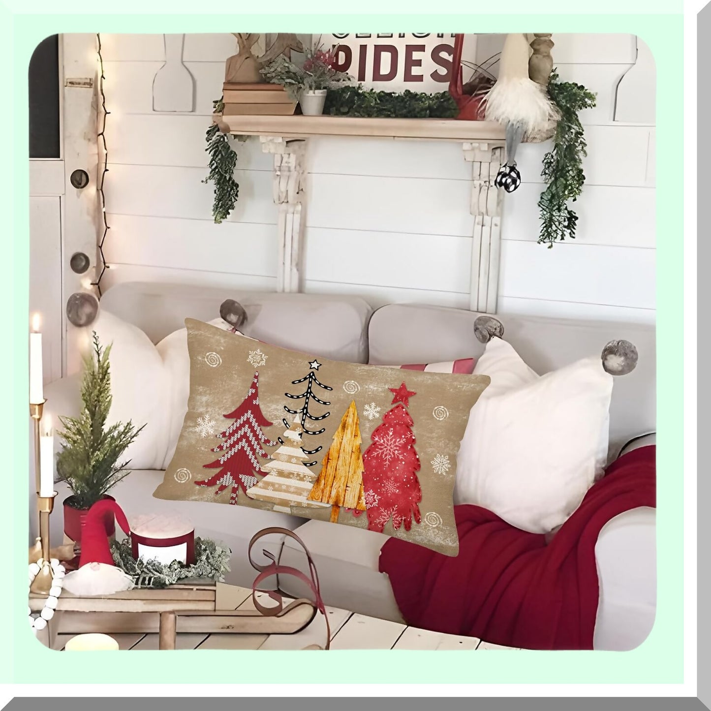 Winter Wonderland Lumbar Pillow Cover - Farmhouse Decorative Tree Snowflake Cushion Case for Sofa Couch. Red & Golden 12x20 Inch Home Decor.