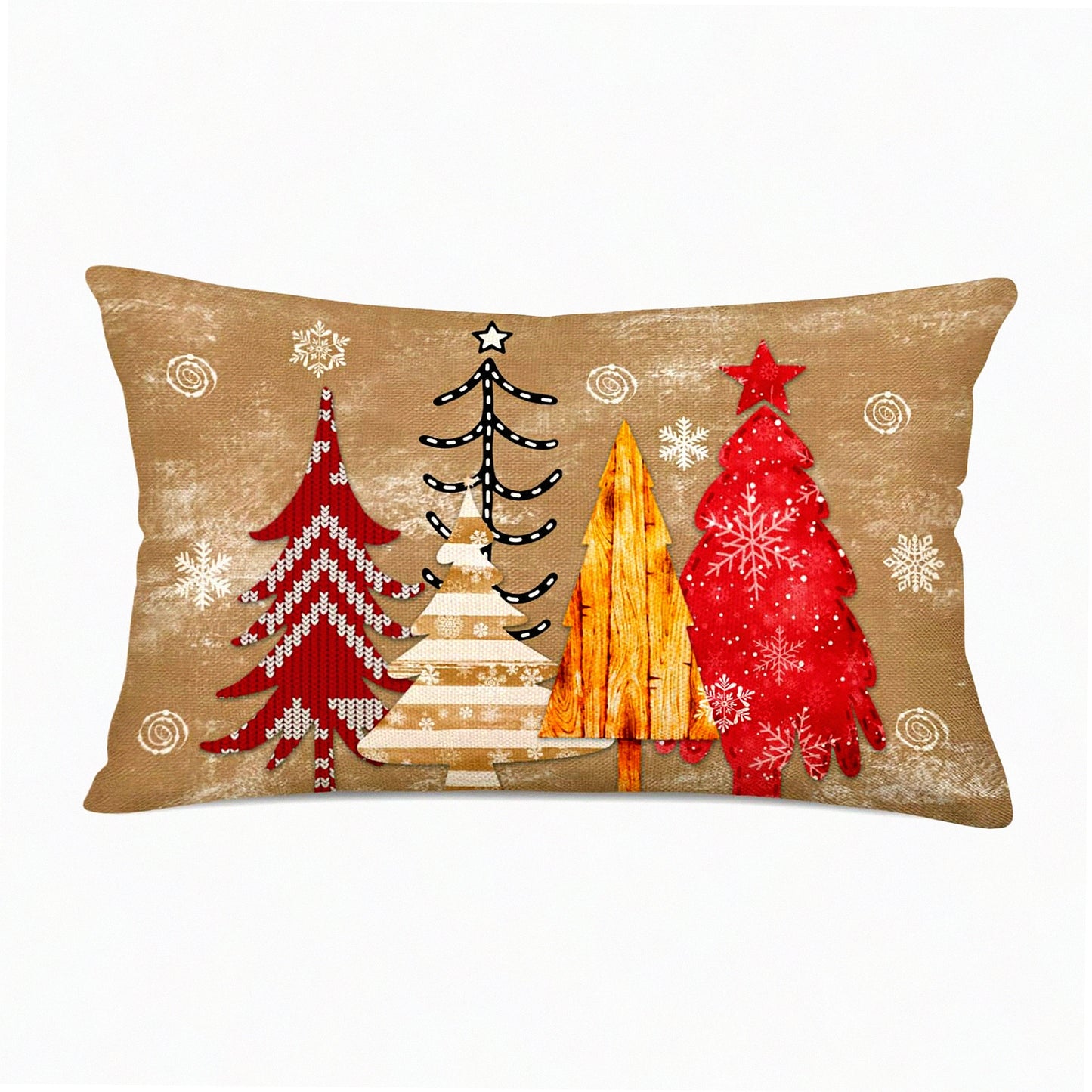 Winter Wonderland Lumbar Pillow Cover - Farmhouse Decorative Tree Snowflake Cushion Case for Sofa Couch. Red & Golden 12x20 Inch Home Decor.