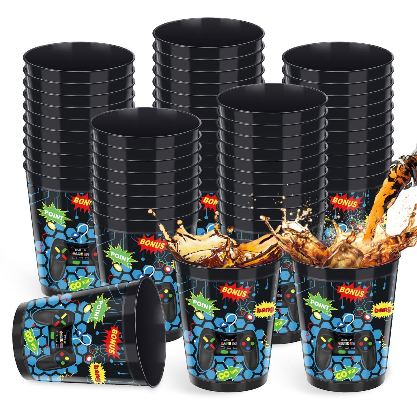 Game On Party Cups Set - 24 Pack 16 oz Gamer Frosted Cups for Video Game Theme Parties, Level Up Decorations, Kids Birthday Supplies - Blue