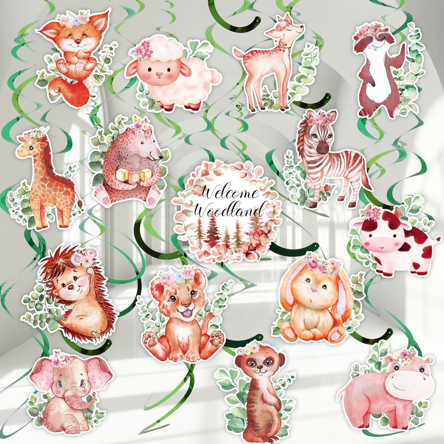 Woodland Whimsy Party Pack - 70pc Ceiling Hanging Swirls, Banner, Decorations. Perfect for Kids, Baby Shower, Wedding, Birthday, Garden Party. Sweet & Cute!
