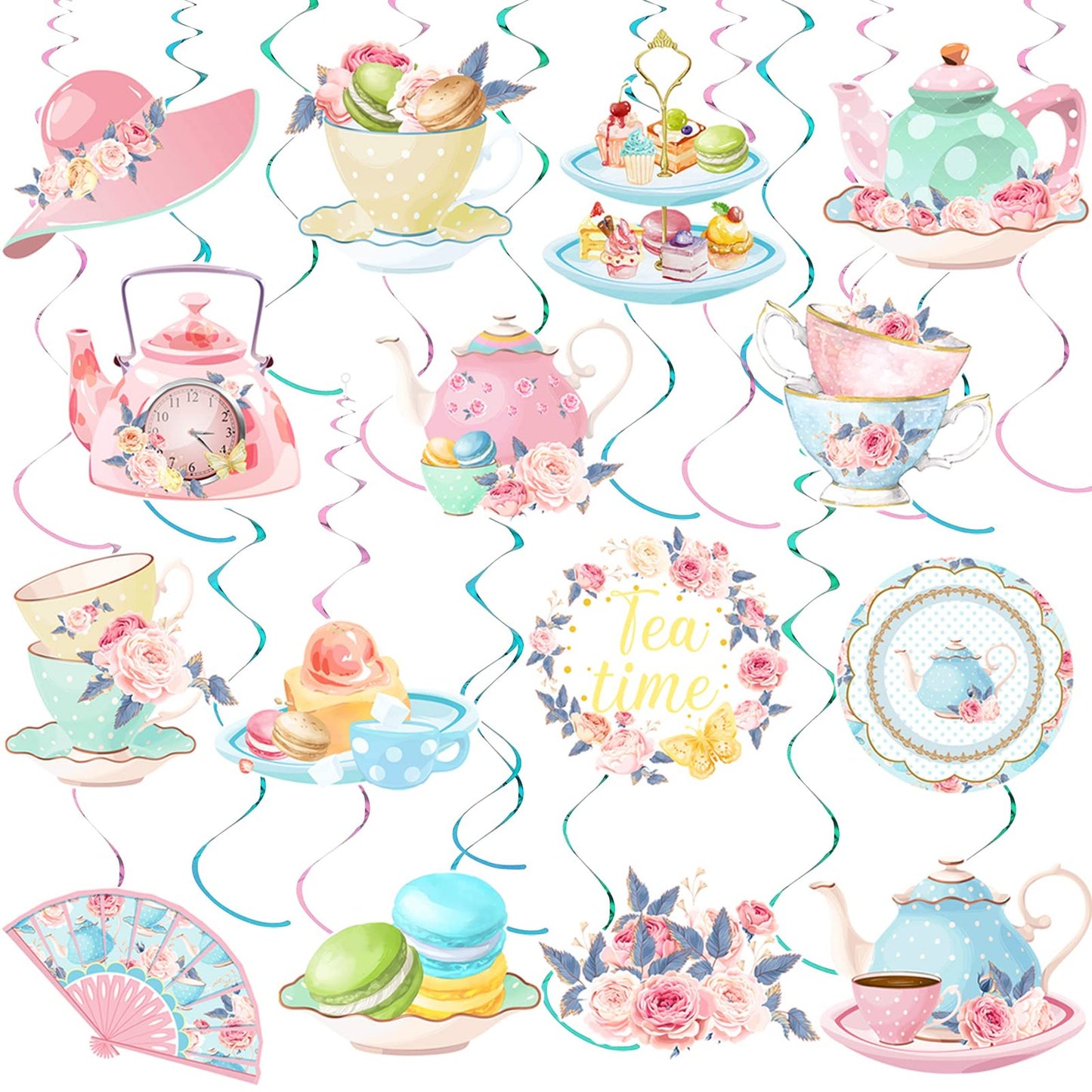 Tea Time Swirl Decor Set - Vintage Floral Tea Party Hanging Decorations for Wedding, Baby Shower, Birthday - 36 PCS Spring Party Supplies