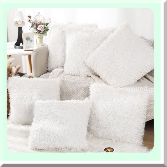 Luxury Fluffy Pillowcase Set - 6 Pack 18x18 Inch Square Cushion Covers with Zipper Closure for Couch, Bedroom, Living Room - Soft Decorative Shams