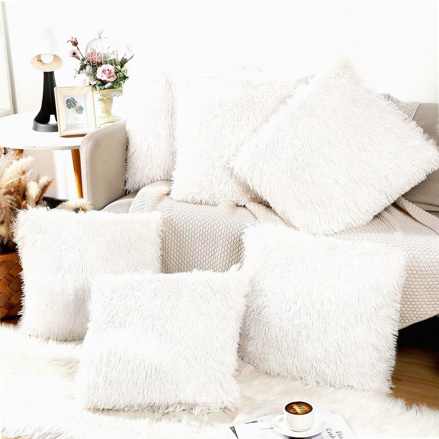 Luxury Fluffy Pillowcase Set - 6 Pack 18x18 Inch Square Cushion Covers with Zipper Closure for Couch, Bedroom, Living Room - Soft Decorative Shams