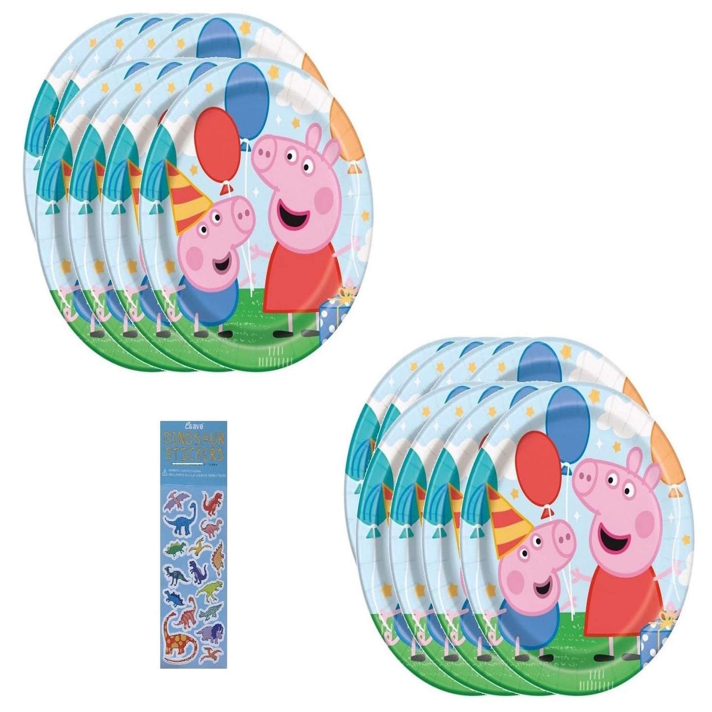 Peppa Pig Birthday Party Supplies with Plates and Dinosaur Stickers