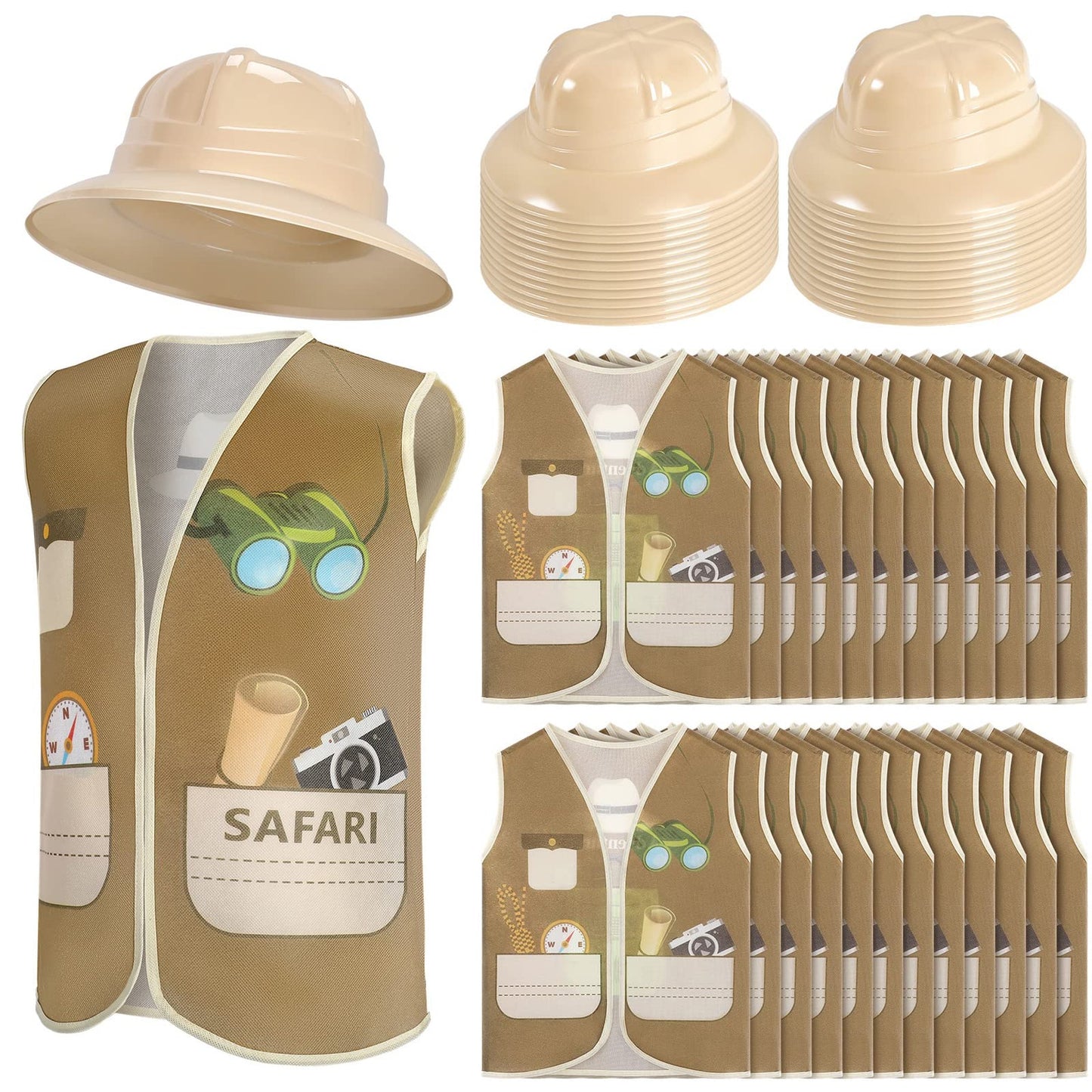 Adventure Safari Explorer Set - 24 Pieces Kids Party Hats & Explorer Vests for Jungle Safari Party Favors & Outdoor Birthday Activities