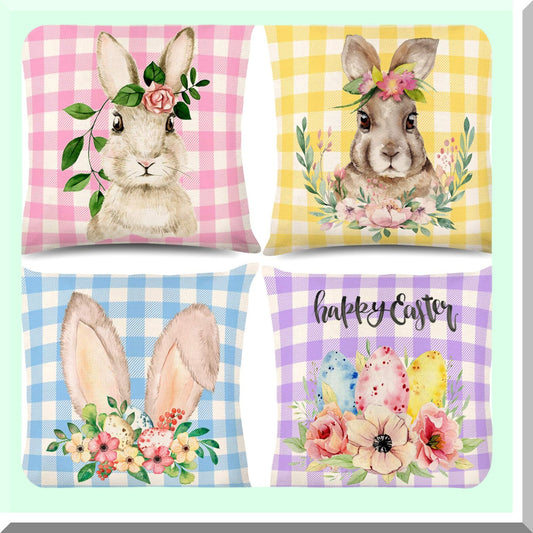 Watercolor Bunny Flower Eggs Pillow Cover Set - Spring Farmhouse Decor Cushion Case for Home Office Sofa Bed, Happy Throw Pillows 18x18 Inch, 4Pcs
