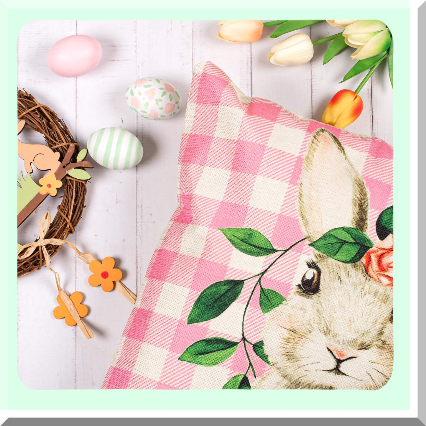 Watercolor Bunny Flower Eggs Pillow Cover Set - Spring Farmhouse Decor Cushion Case for Home Office Sofa Bed, Happy Throw Pillows 18x18 Inch, 4Pcs