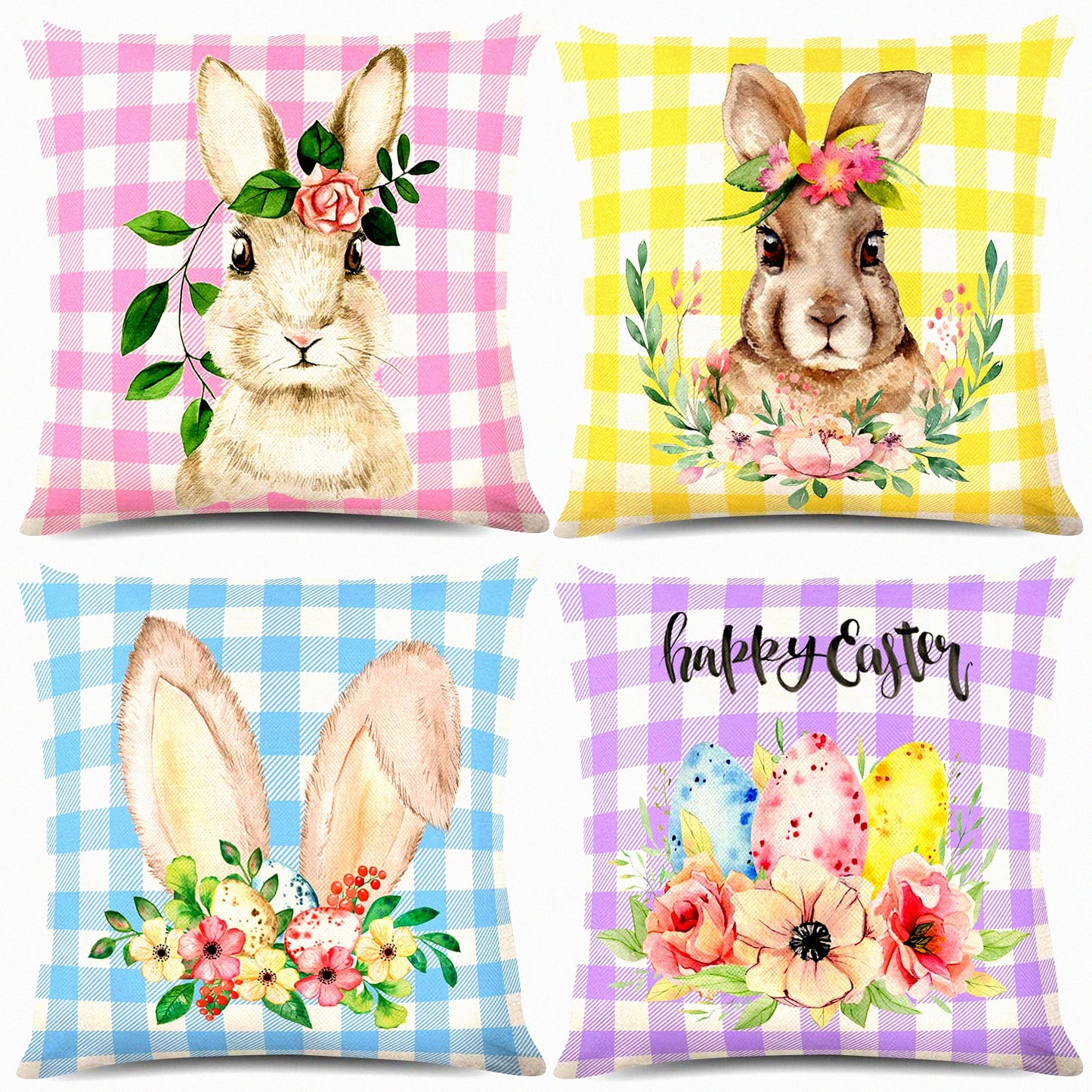 Watercolor Bunny Flower Eggs Pillow Cover Set - Spring Farmhouse Decor Cushion Case for Home Office Sofa Bed, Happy Throw Pillows 18x18 Inch, 4Pcs