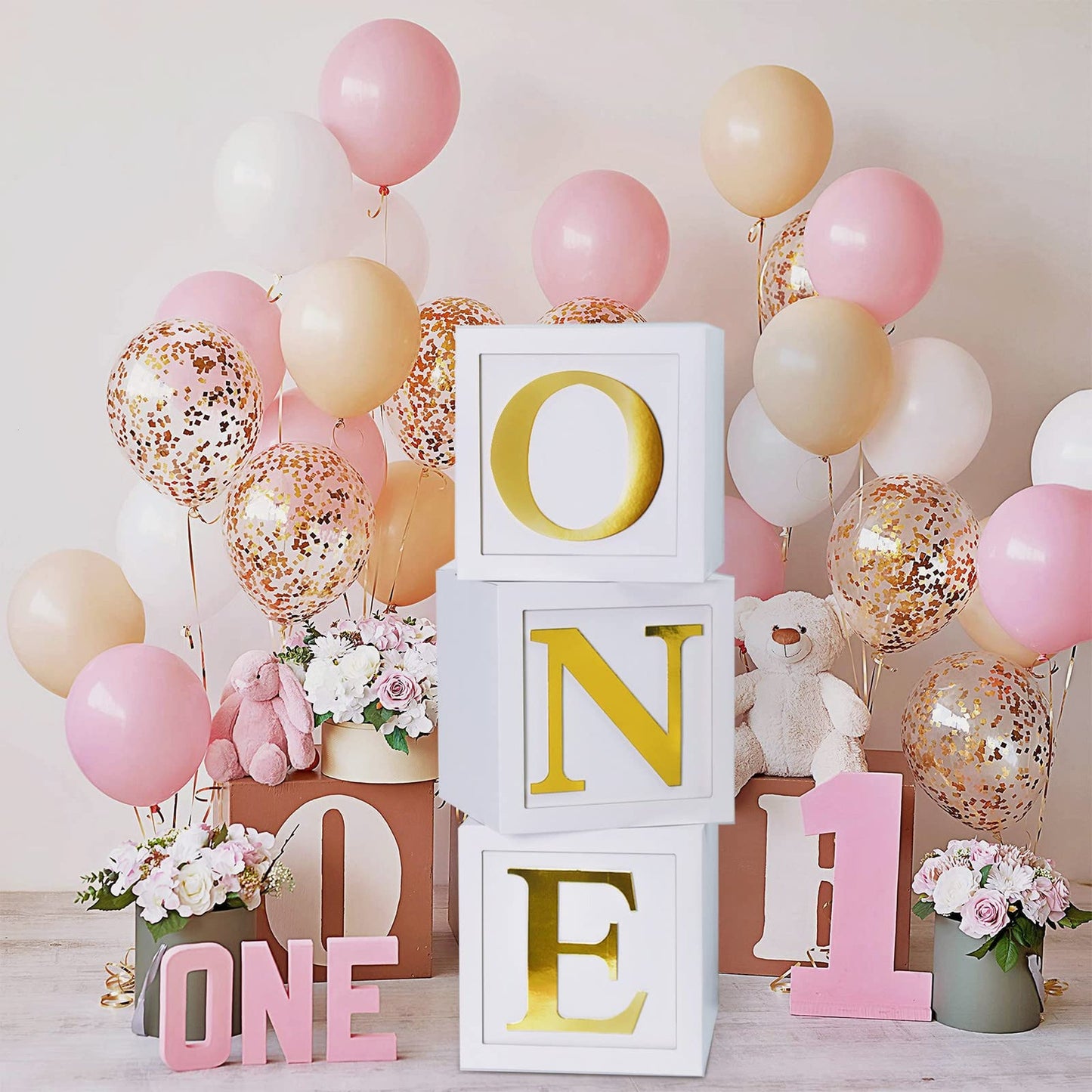 First Birthday Balloon Cube Set - 3D Balloon Boxes with ONE Letters for Baby's 1st Birthday Party Decorations. Perfect for ABC Photography Props & Table Centerpiece.