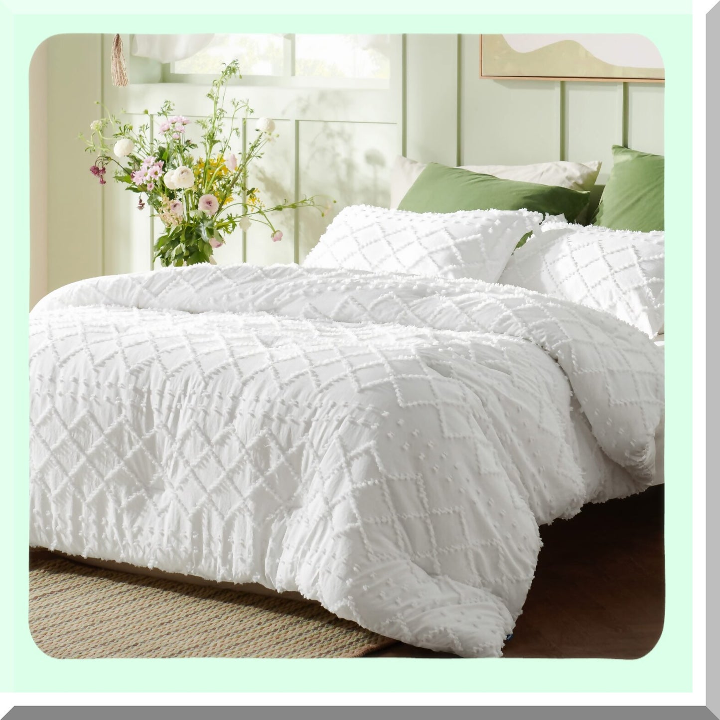 Vintage Farmhouse Boho Chic Comforter Set - White Tufted Bedding with Pillow Shams - Soft Fluffy Full Size Bed Set for All Seasons