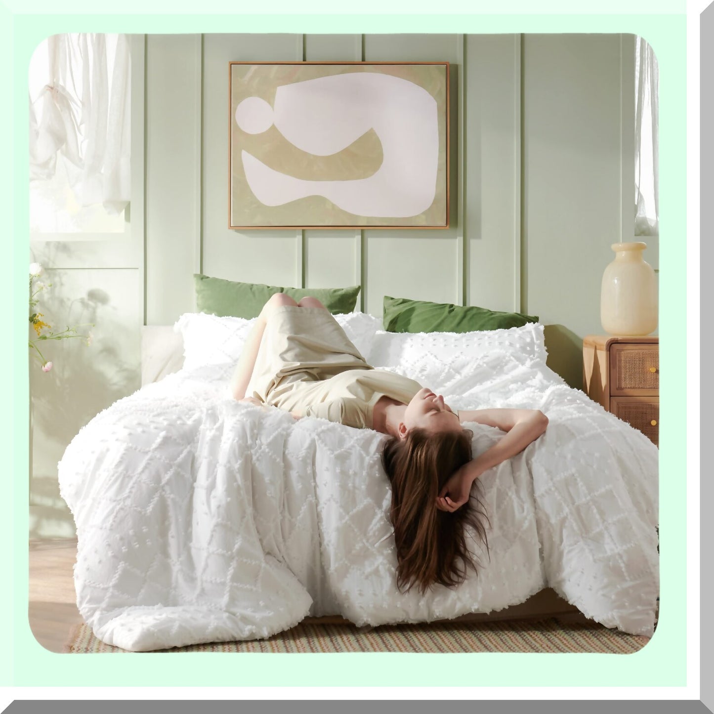 Vintage Farmhouse Boho Chic Comforter Set - White Tufted Bedding with Pillow Shams - Soft Fluffy Full Size Bed Set for All Seasons