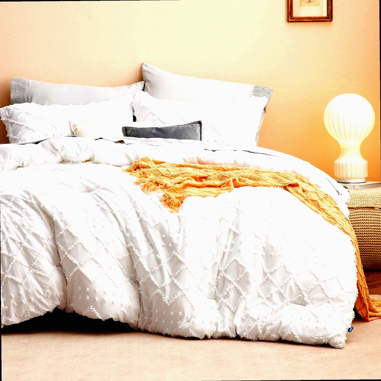 Vintage Farmhouse Boho Chic Comforter Set - White Tufted Bedding with Pillow Shams - Soft Fluffy Full Size Bed Set for All Seasons