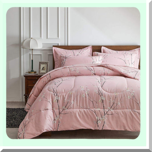Floral Bliss 7-Piece Queen Size Bedding Set - Soft Microfiber Comforter, Reversible Design, Pink Floral Print, Complete Bed in a Bag Set with Sheets and Pillowcases