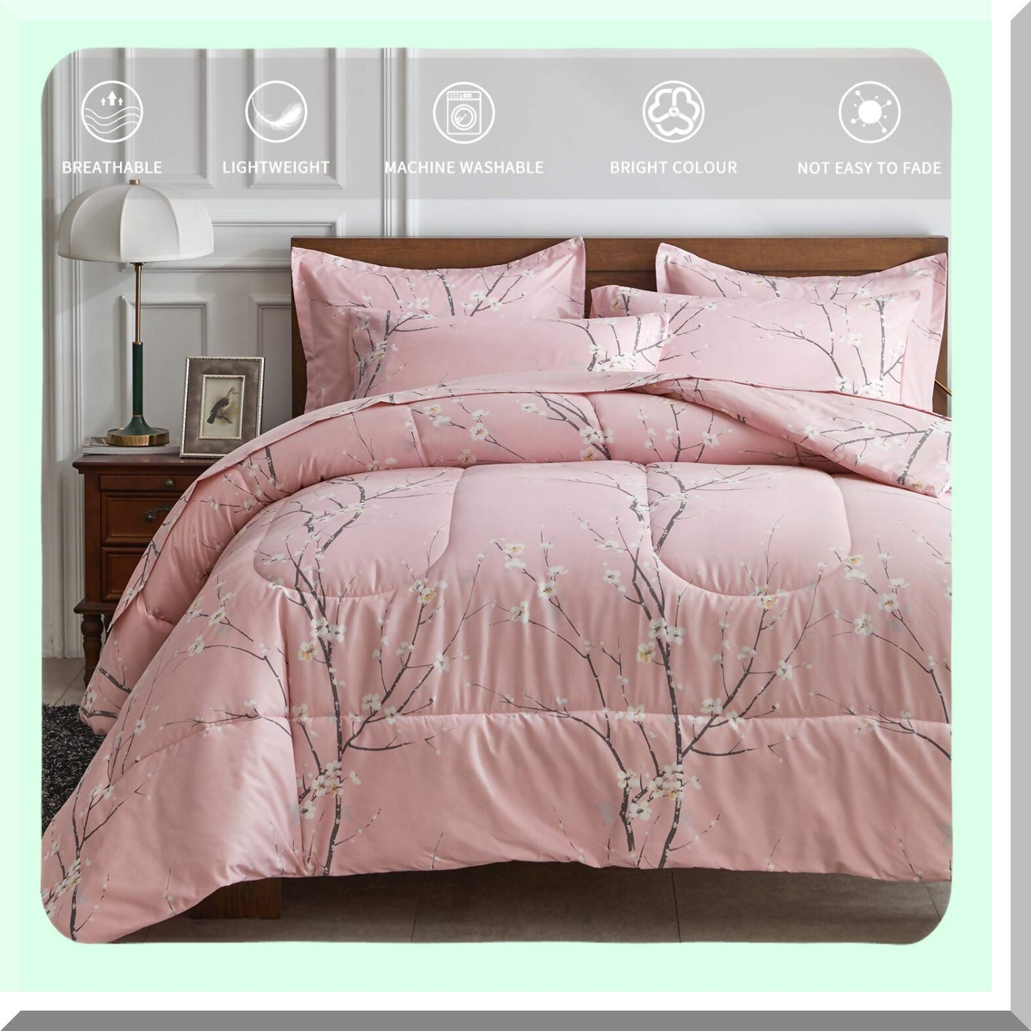 Floral Bliss 7-Piece Queen Size Bedding Set - Soft Microfiber Comforter, Reversible Design, Pink Floral Print, Complete Bed in a Bag Set with Sheets and Pillowcases