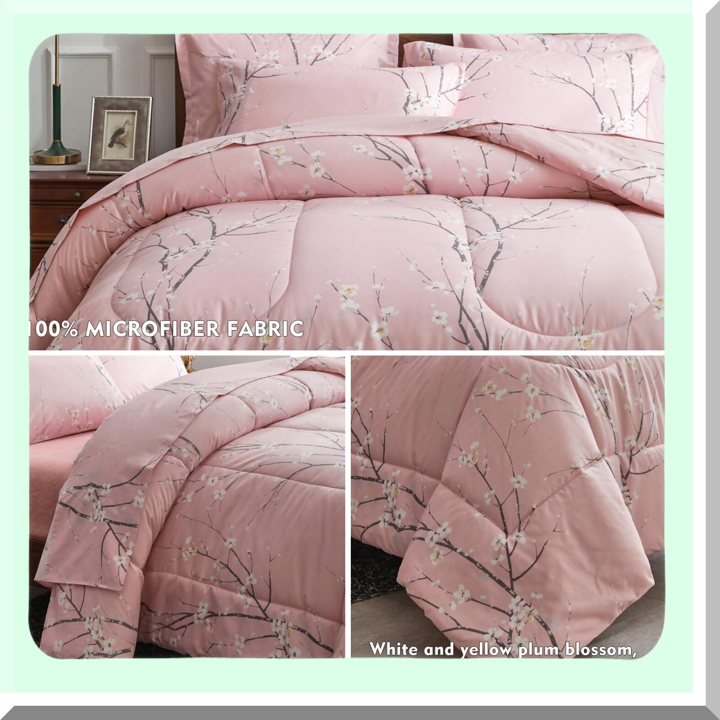 Floral Bliss 7-Piece Queen Size Bedding Set - Soft Microfiber Comforter, Reversible Design, Pink Floral Print, Complete Bed in a Bag Set with Sheets and Pillowcases