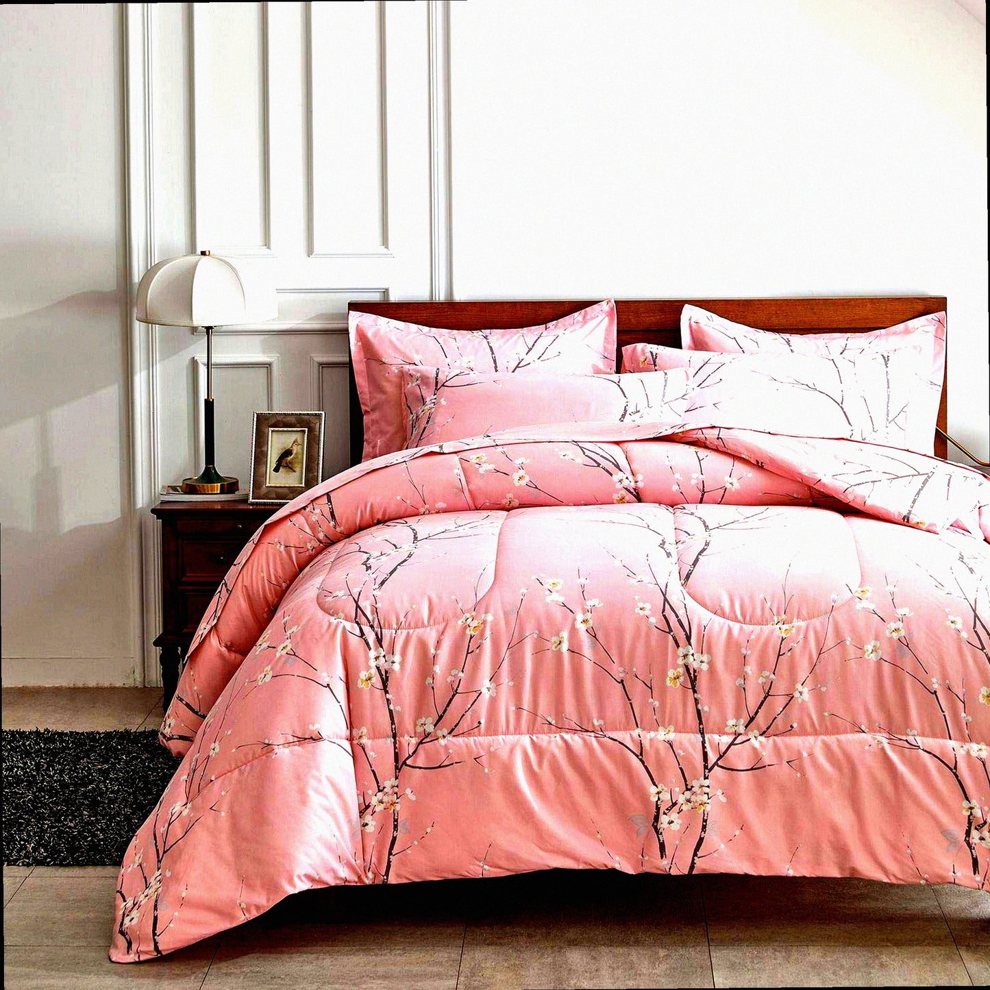 Floral Bliss 7-Piece Queen Size Bedding Set - Soft Microfiber Comforter, Reversible Design, Pink Floral Print, Complete Bed in a Bag Set with Sheets and Pillowcases